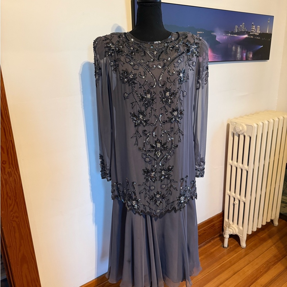 Embellished Gray Beaded Women's Dress